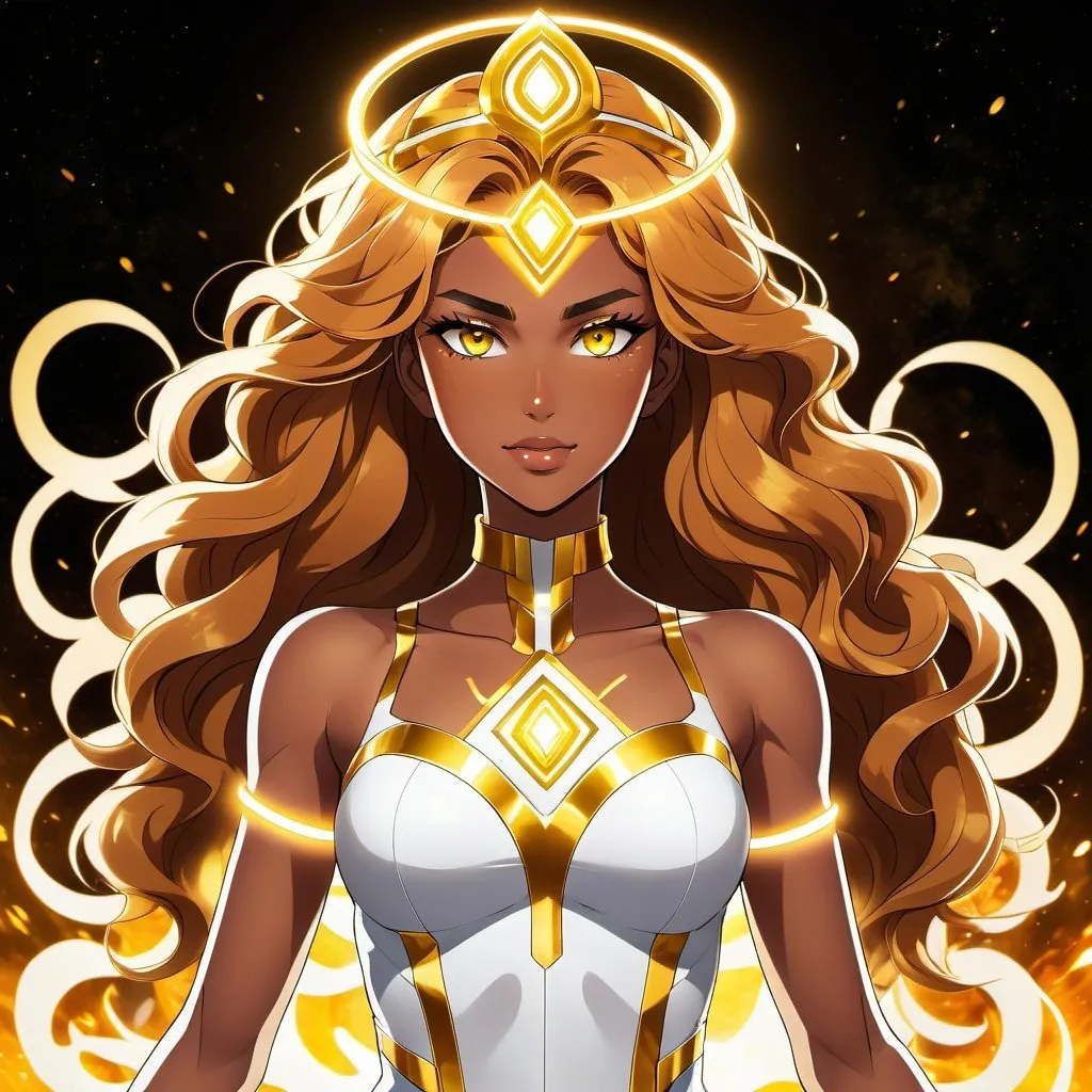 Prompt: A beautiful 17 year old ((Latina)) anime light elemental princess with light brown skin and a beautiful strong face. She has a strong body. She has curly golden yellow hair that parts at the top of her head and yellow eyebrows. She wears a beautiful tight white dress with gold markings on it. She has brightly glowing yellow eyes and white pupils. She has a yellow aura around her. She wears a beautiful golden tiara. She is welding light magic in a battle at an open field against enemies that stand in her way. Full body art. {{{{high quality art}}}} ((Light goddess)). Illustration. Concept art. Symmetrical face. Digital. Perfectly drawn. A cool background. Five fingers. Anime, two arms and hands, full view of dress and body