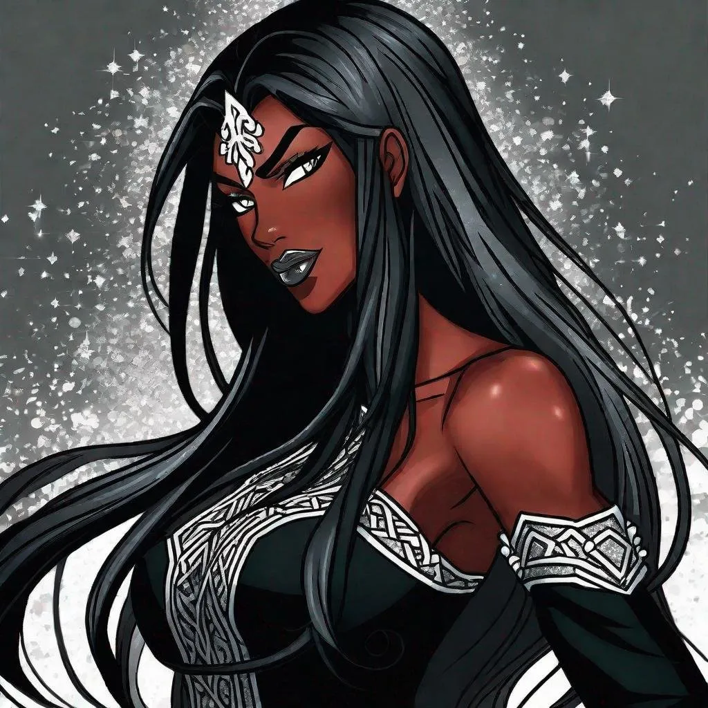 Prompt: A beautiful 59 ft tall 28 year old ((Latina))  anime darkness elemental queen with dark brown skin and a beautiful strong face. She has a strong body. She has long straight black hair that covers the entire left side of her face at the top and she has black eyebrows. She wears a beautiful long black dress that has a silvery glitter to it. She has brightly glowing white eyes with white pupils. She has black lips. She wears a sliver tiara. She has a black aura behind her. She is at you with her glowing white eyes. She is looking in a mirror in a room. Full body art. Beautiful art. 
{{{{high quality art}}}} ((Darkness goddess)). Illustration. Concept art. Symmetrical face. Digital. Perfectly drawn. A beautiful background. Perfect hands. Only dark brown skin, hair covering left side of face, two arms and hands, cover left side of head, follow prompt, full view of dress and body