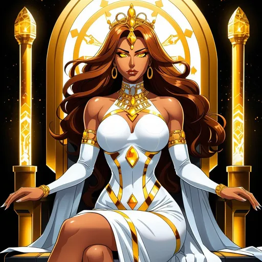 Prompt: A beautiful 59 ft tall 28 year old ((Latina)) anime light elemental queen with light brown skin and a beautiful elegant strong face. She has a strong curvy muscular body. She has long curly golden yellow hair that parts at the top of her head and yellow eyebrows. She wears a beautiful white queen dress with gold markings on it. She wears golden shoulder and arm bracelets. She has brightly glowing yellow eyes with white pupils. She has a yellow aura around her. She wears a beautiful golden tiara on her head. She is sitting on a golden throne elegantly looking down at you.  Full body art of her. {{{{high quality art}}}} ((Light goddess)). Illustration. Concept art. Symmetrical face. Digital. Perfectly drawn. A cool background. Five fingers. Anime, two arms and hands, full view of dress and body. Multiple angles of her.