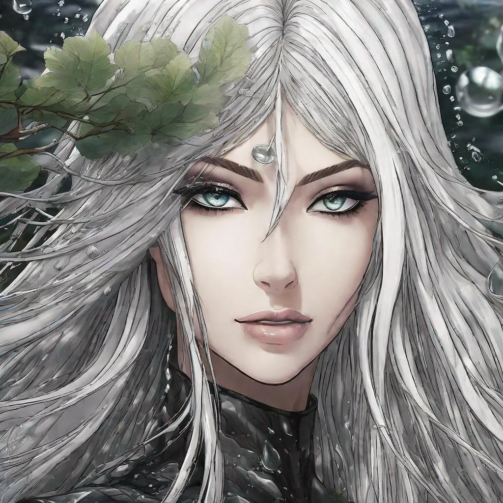 Prompt: A beautiful 58 ft tall 30 year old ((British)) anime Water Elemental Queen giantess with light skin and a beautiful, elegant, strong symmetrical face. She has a strong body. She has long straight elegant white hair that parts down in the shape of a droplet with two long strands of hair going down the sides of her face to her chest and white eyebrows. She wears a beautiful long flowing all blue dress. She wears blue heels. She has brightly glowing blue eyes and water droplet shaped pupils. She wears blue eyeshadow. She wears a beautiful blue crown. She has a blue aura glowing from her body. She is standing in the sand with a beautiful ocean behind her and she looking at you with her glowing blue eyes. Full body art. Scenic view. {{{{high quality art}}}} ((goddess)). Illustration. Concept art. Perfectly drawn. Five fingers. Full view of body and dress. Blue crown. 