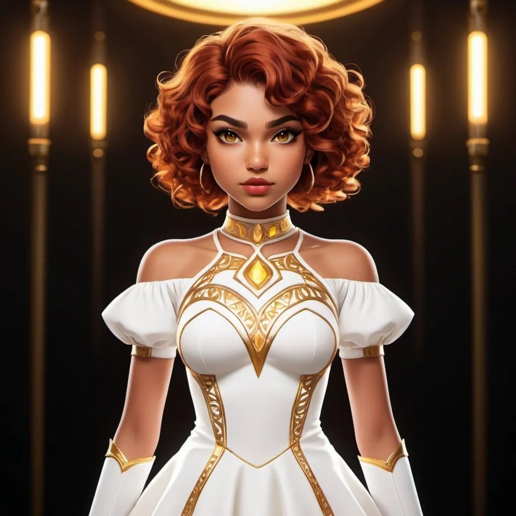 Prompt: A beautiful young 14 year old ((Latina)) evil anime light goddess with light brown skin and a symmetrical round cute face with big lips. She has a strong curvy body with a small waist. She has short curly reddish brown hair that curves to the left side of her head and reddish brown eyebrows. She wears a beautiful white short princess dress with gold and she wears a short white skirt. She wears white boots with gold on it. She has big brightly glowing yellow eyes and white pupils. She has long eyelashes. She wears a small golden tiara. She has a yellow aura around her. Full body art. {{{{high quality art}}}} Illustration. Concept art. Symmetrical face. Digital. Perfectly drawn. A cool background. Five fingers, yellow glowing eyes, full view of dress, character design, multiple angles, different views of head and body. 2D animation art style