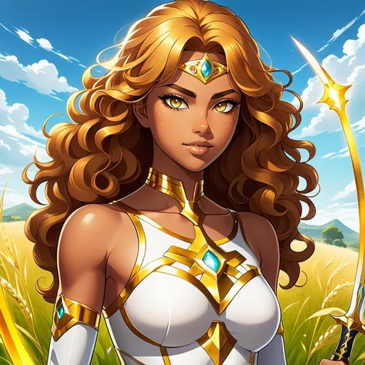 Prompt: A beautiful 17 year old ((Latina)) anime light elemental princess with light brown skin and a beautiful strong face. She has a strong body. She has curly golden yellow hair that parts at the top of her head and yellow eyebrows. She wears a beautiful tight white dress with gold markings on it. She has brightly glowing yellow eyes and white pupils. She has a yellow aura around her. She wears a beautiful golden tiara. She is training with a golden sword in her hand in an open grass field. Full body art. {{{{high quality art}}}} ((Light goddess)). Illustration. Concept art. Symmetrical face. Digital. Perfectly drawn. A cool background. Five fingers. Anime, two arms and hands, full view of dress and body
