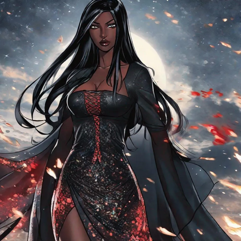 Prompt: A beautiful 59 ft tall 28 year old ((Latina))  anime darkness elemental queen giantess with dark brown skin and a beautiful strong face. She has a strong body. She has long straight black hair that covers the entire left side of her face and she has black eyebrows. She wears a beautiful long flowing goddess black dress that has a silvery glitter it. She has brightly glowing white eyes with white pupils. She has black lips. She wears a sliver tiara. She has a black aura behind her. She is at you with her glowing white eyes. She has black smoke circling around her. full body art art. Beautiful art. Cinematic view. Cinematic angles. {{{{high quality art}}}} ((Darkness goddess)). Illustration. Concept art. Symmetrical face. Digital. Perfectly drawn. A beautiful background. Perfect hands. Only dark brown skin, hair covering left side of face