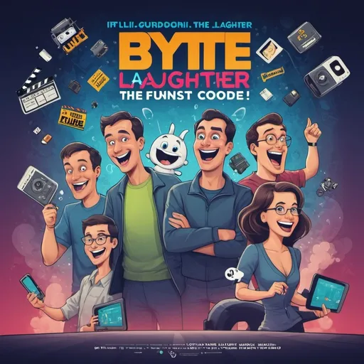 Prompt: create a poster of a movie, cartoon
 with title "Byte-Sized Laughter: The Future's Funniest Code"

