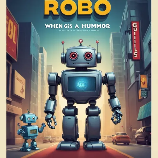 Prompt: create a poster of a movie, cartoon
 with title "Robo-Giggles: When AI Gets a Sense of Humor"
