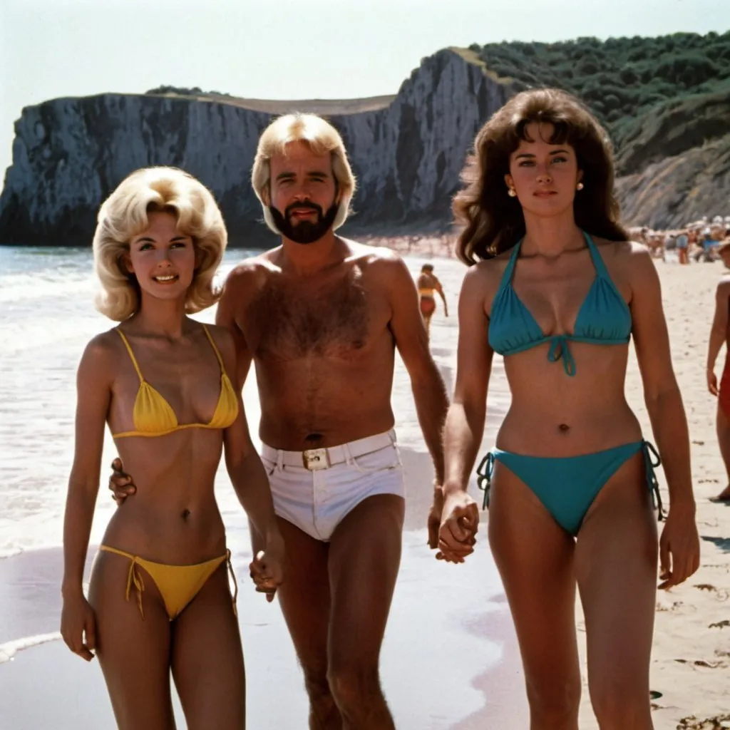 Prompt: Young Kenny Rodgers on beach with two woman