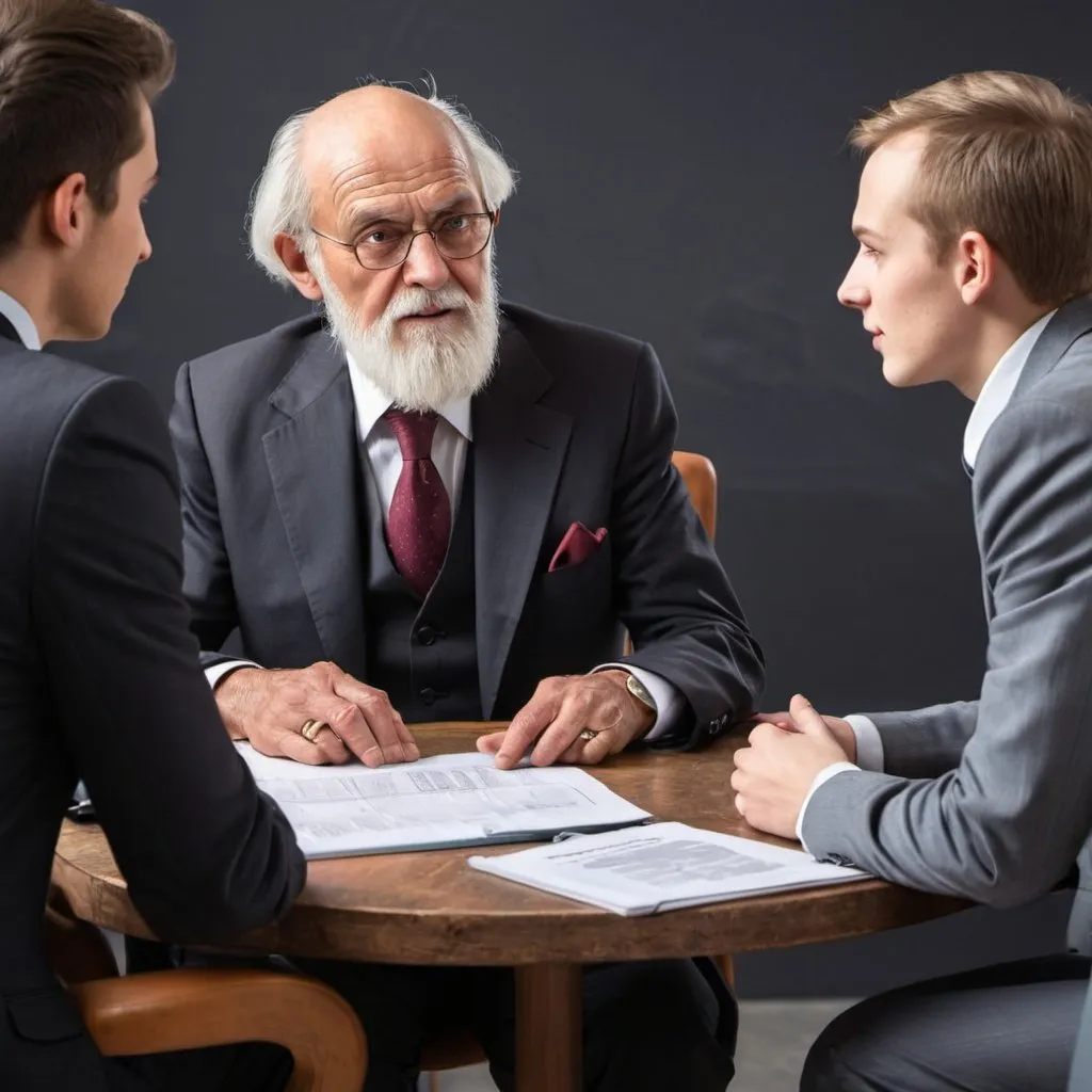 Prompt: photograph of an old wise executive man giving advise to 2 young entrepreneurs