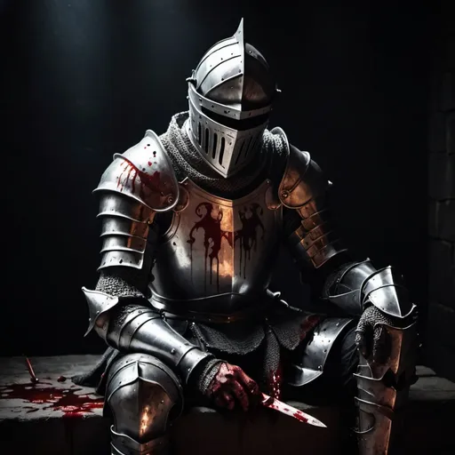 Prompt: Sad knight sitting alone in the dark with his hands covered in blood with a dim light reflecting on his armor 