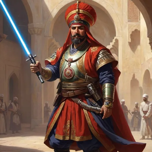 Prompt: A Janissary who is holding a lightsaber