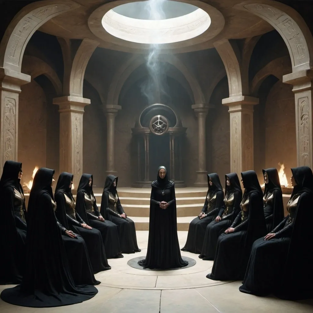 Prompt: Bene Gesserit witches arguing in a great chamber