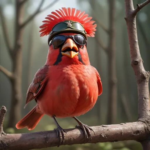 Prompt: A red bird standing on a branch. It wears a british soldier helmet, sunglasses. It look excited about war. Realistic Image