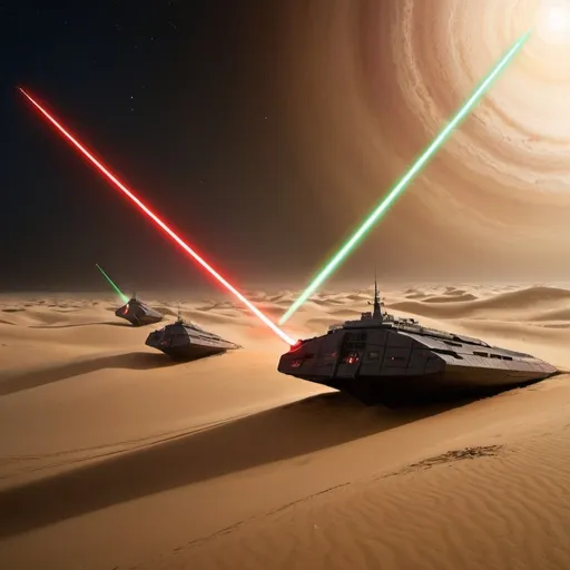 Prompt: Ships of Honored Matres destroys Dune with lasers