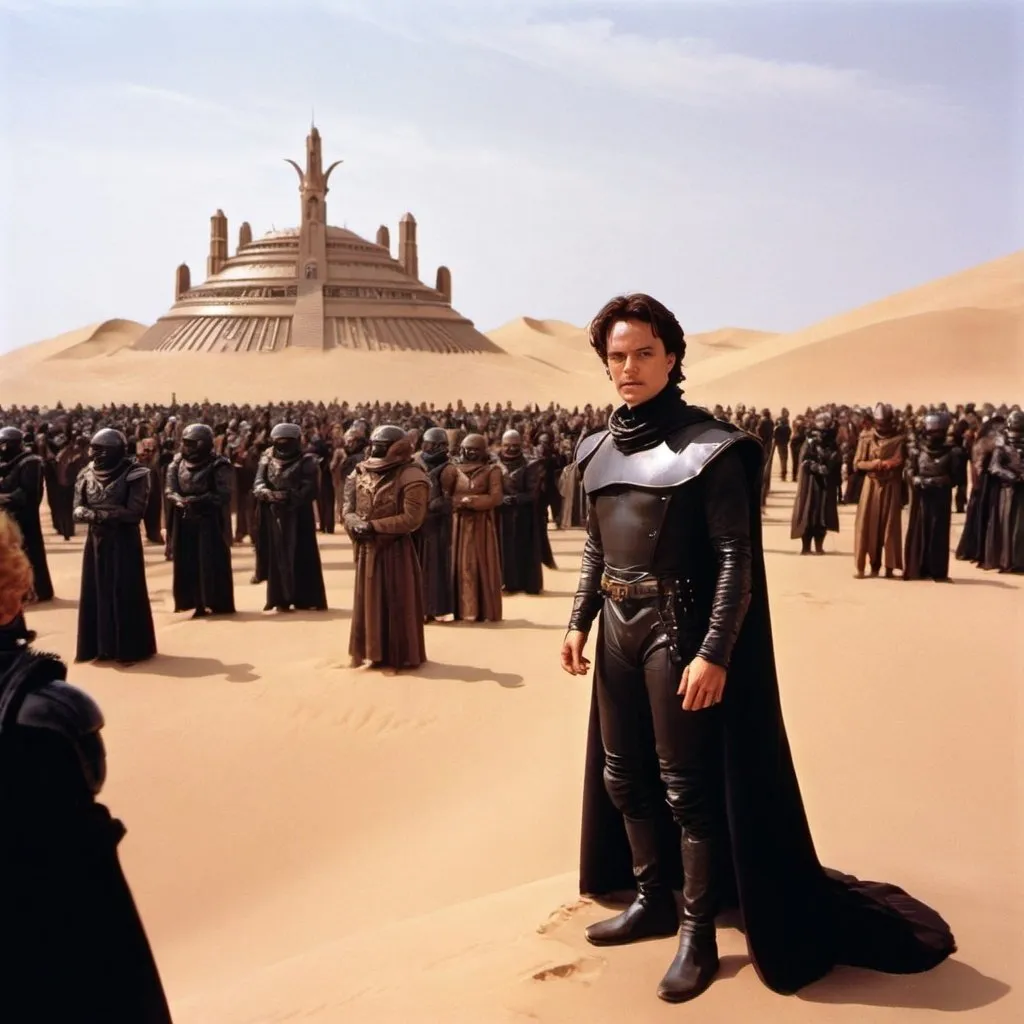 Prompt: Paul Atreides ruling the people of Dune