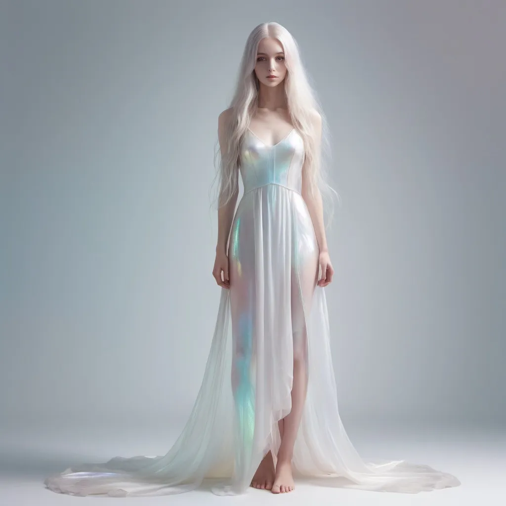 Prompt: ethereal female, slender, full body, white iridescent dress, light coloured long hair