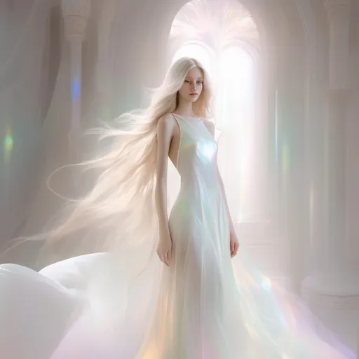 Prompt: ethereal female, slender, big chested, full body, white iridescent dress, light coloured long hair