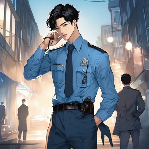 Prompt: handsome, asian, Korean, young adult, male, full body, black hair, blue eyes, detective uniform 