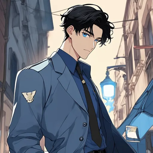 Prompt: handsome, asian, young adult, male, full body, black hair, blue eyes, detective uniform 