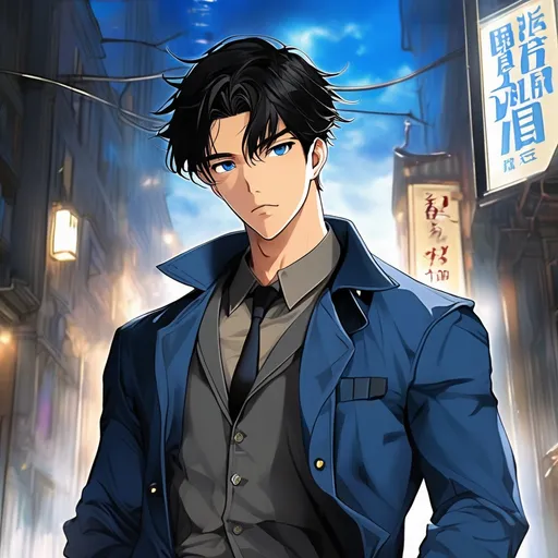 Prompt: handsome, asian, young adult, male, full body, black hair, blue eyes, detective uniform 