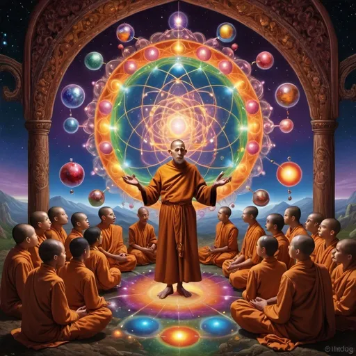 Prompt: Various atoms showcasing different worlds, monk teacher preaching to students, Indra's net with reflective jewels, detailed depiction, high-res, intricate, surreal, cosmic, spiritual, vibrant colors, ethereal lighting, surrealistic, mystical, detailed, intricate, spiritual, cosmic, vibrant colors