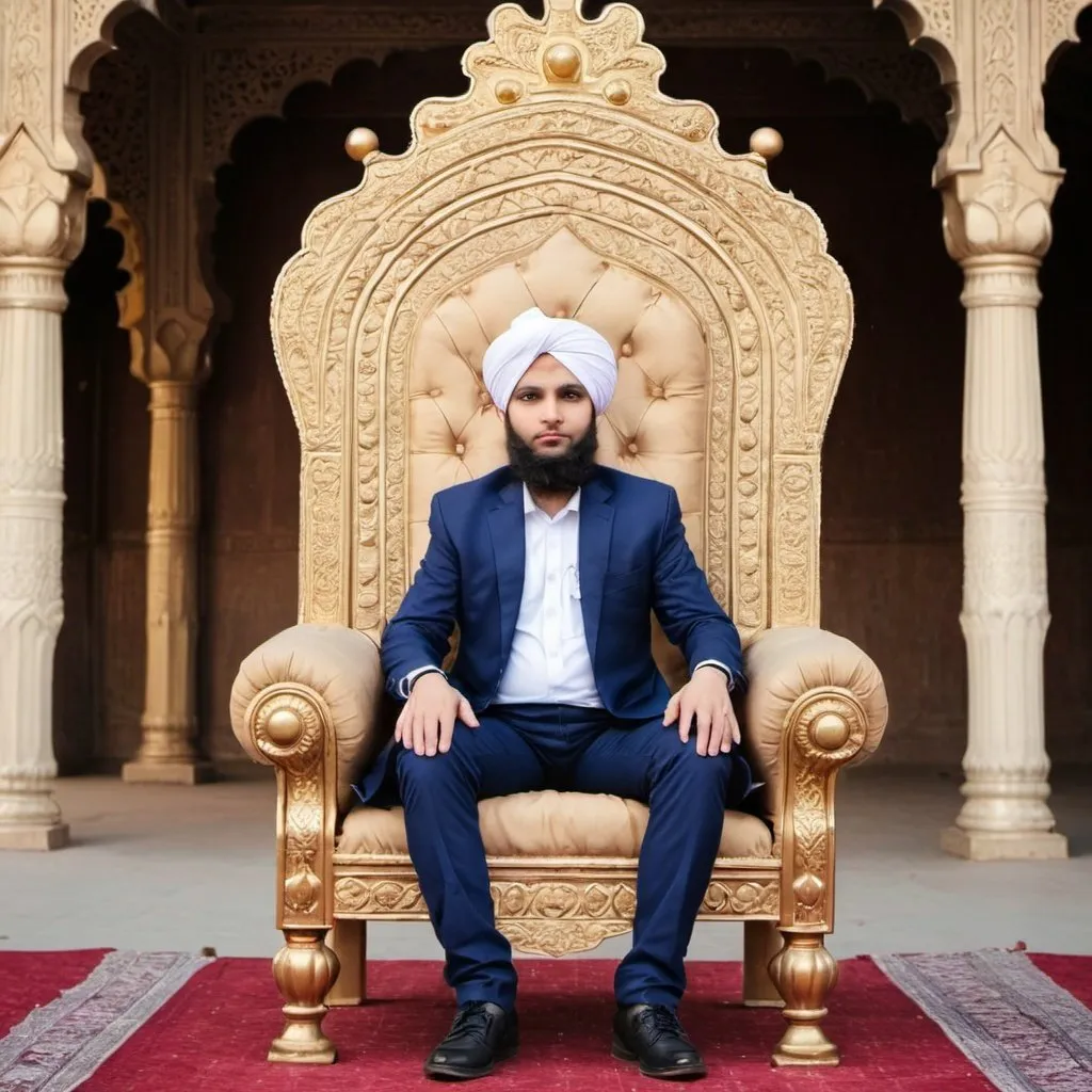 Prompt: i am a king and sitting on a crown chair and in the background was write khokhar sahib