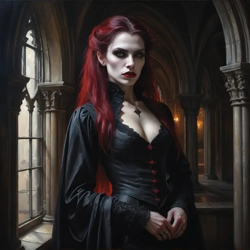 Prompt: Transgender vampire, oil painting, gothic architecture, elegant clothing, intense and captivating gaze, high quality, dark and moody, dramatic lighting