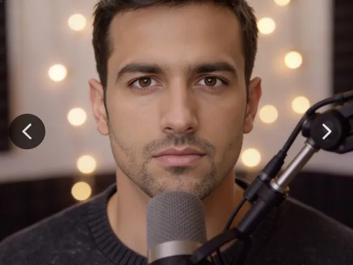 Prompt: @Theo Wright seated in the exact same studio setup as reference image, same fairy light backdrop, same microphone and boom arm position, tight medium close-up, centered framing, soft frontal key light, shallow depth of field, realistic photography