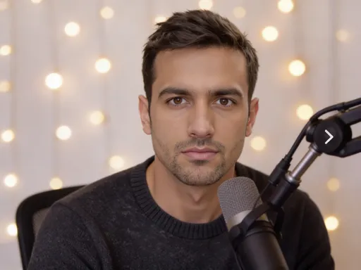 Prompt: @Theo Wright seated in the exact same studio setup as reference image, same fairy light backdrop, same microphone and boom arm position, tight medium close-up, centered framing, soft frontal key light, shallow depth of field, realistic photography