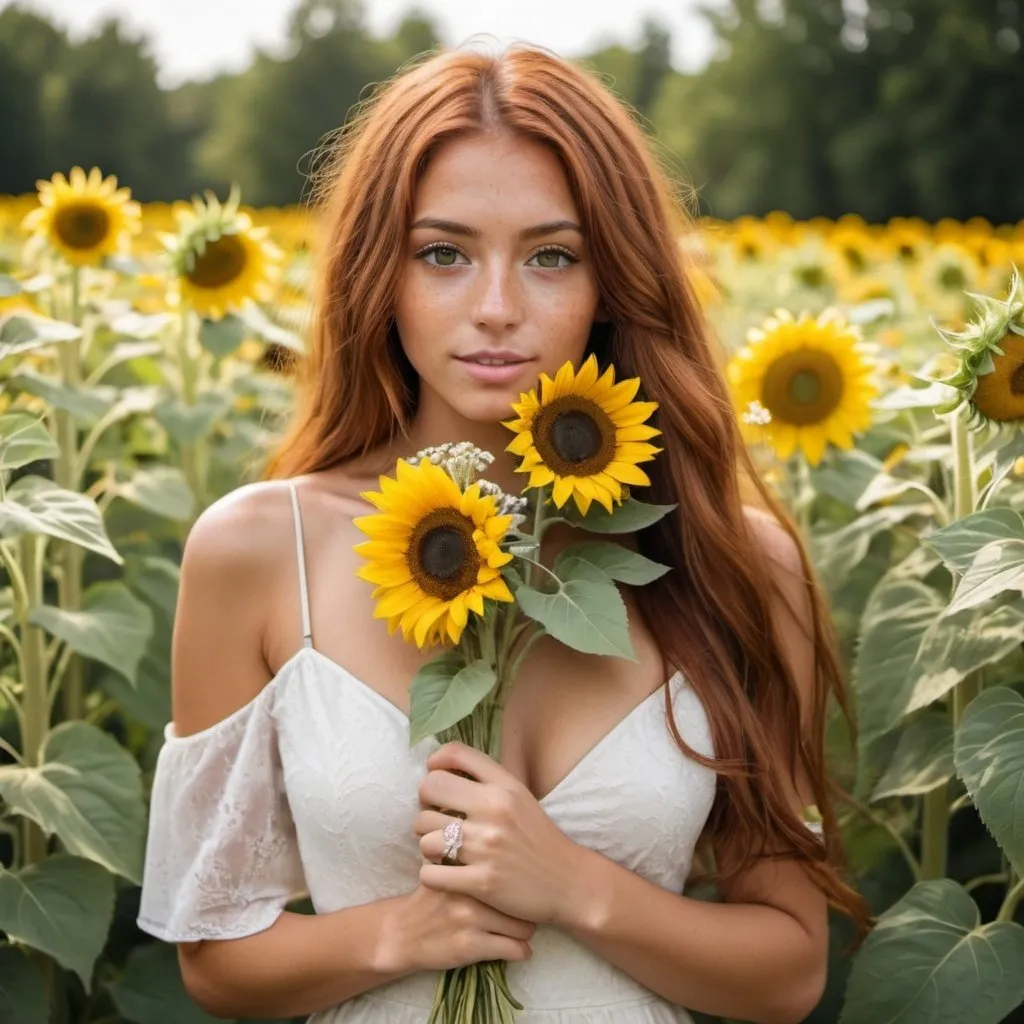 Prompt: girl with long auburn hair and brown eyes, tan skin, and freckles holding a bouquet of sunflowers wearing a light yellow and white dress in a flower garden wearing silver and light yellow jewelry