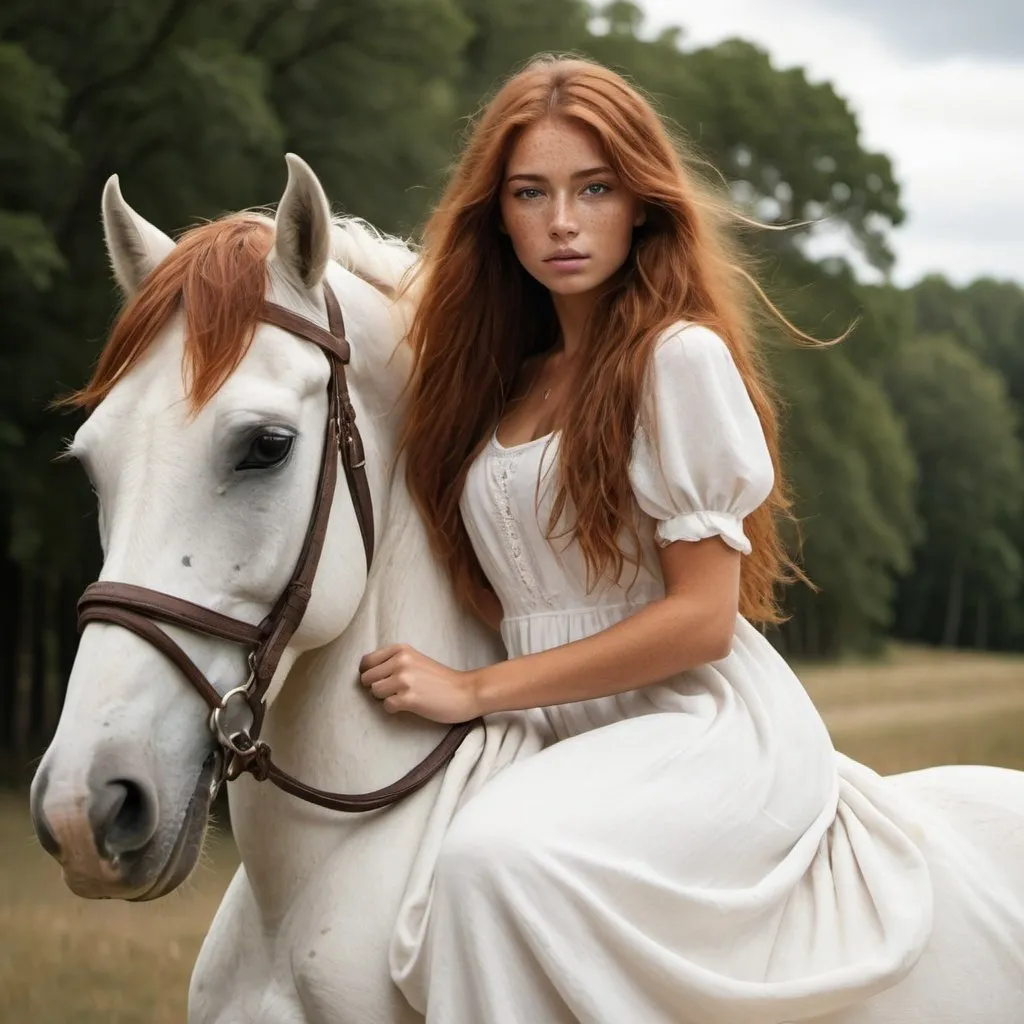Prompt: a girl with long auburn hair tan skin freckles and brown eyes wearing a flowing white dress riding a white horse