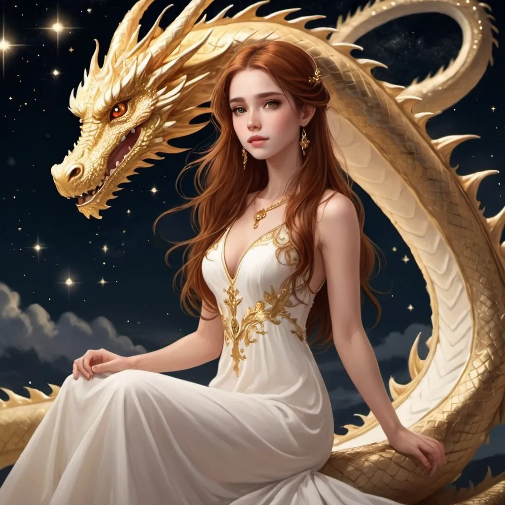 Prompt: girl with long auburn hair and brown eyes wearing a long white dress with gold jewelry facing foward sitting on a gold flying dragon in the sky at night with twinkling stars