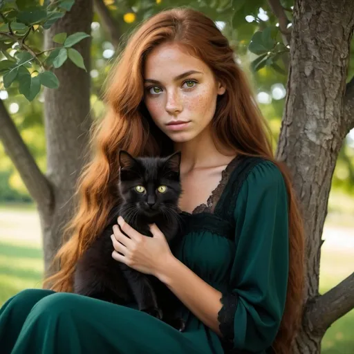 Prompt: girl with very long auburn hair and brown eyes, tan skin, and freckles wearing a long dark green dress sitting in a tree with a black fluffy kitten on her lap with yellow eyes 