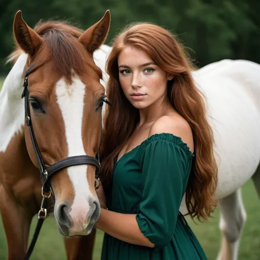 Prompt: girl with long auburn hair and brown eyes, tan skin, and freckles wearing a long dark green dress with a white horse