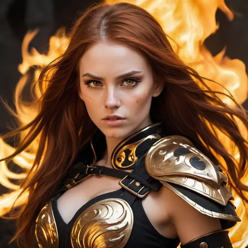 Prompt: a warrior girl with long flaming auburn hair and brown eyes dressed in a black and gold warrior outfit with a cut on her left cheekbone with fire powers coming out of her hands