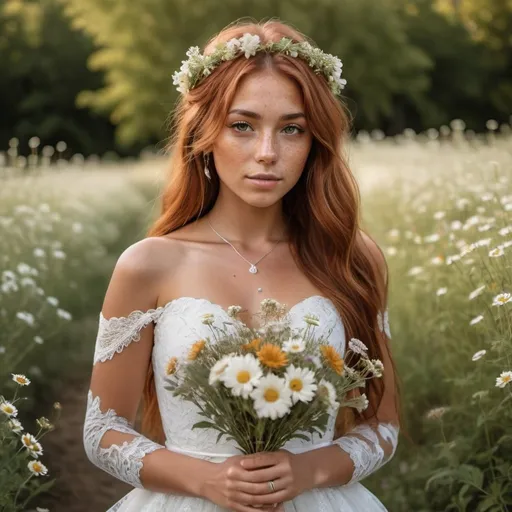 Prompt: girl with long auburn hair and brown eyes, tan skin, and freckles holding a bouquet of wildflowers wearing a white lacy pretty wedding dress in a flower garden wearing silver and light opal jewelry