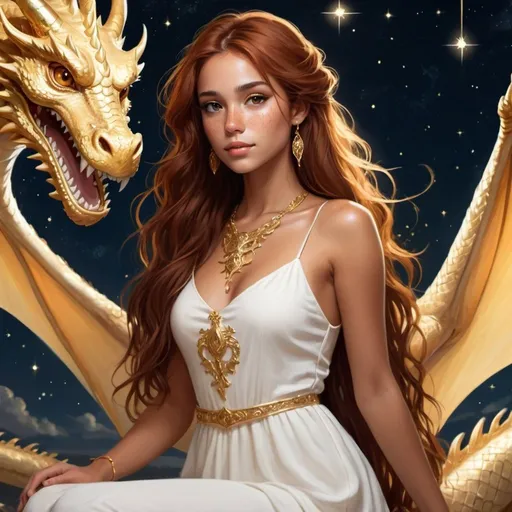 Prompt: girl with long auburn hair and brown eyes, tan skin and freckles wearing a long white dress with gold jewelry facing foward sitting on a gold flying dragon in the sky at night with twinkling stars