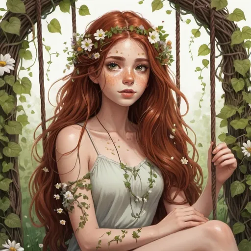 Prompt: a girl with goddess like features with long auburn hair with flowers in her hair brown eyes and freckles with the power of nature vines with flowers on them crawling up her arm, sitting on a swing covered in vines and flowers