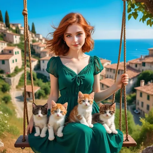 Prompt: a pretty girl in a forest green dress auburn hair, surrounded by 4 kittens and brown eyes swinging on a swing overlooking a small and cute town in italy on a hill with a vibrant crystal clear blue sea next to her 