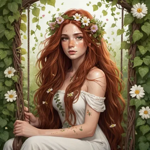 Prompt: a goddess with long auburn hair with flowers in her hair brown eyes and freckles with the power of nature vines with flowers on them crawling up her arm, sitting on a swing covered in vines and flowers