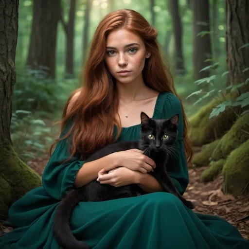 Prompt: girl with long auburn hair and brown eyes, tan skin, and freckles wearing a long dark green dress sitting in an enchanted forest with a black sleeping kitten on her lap