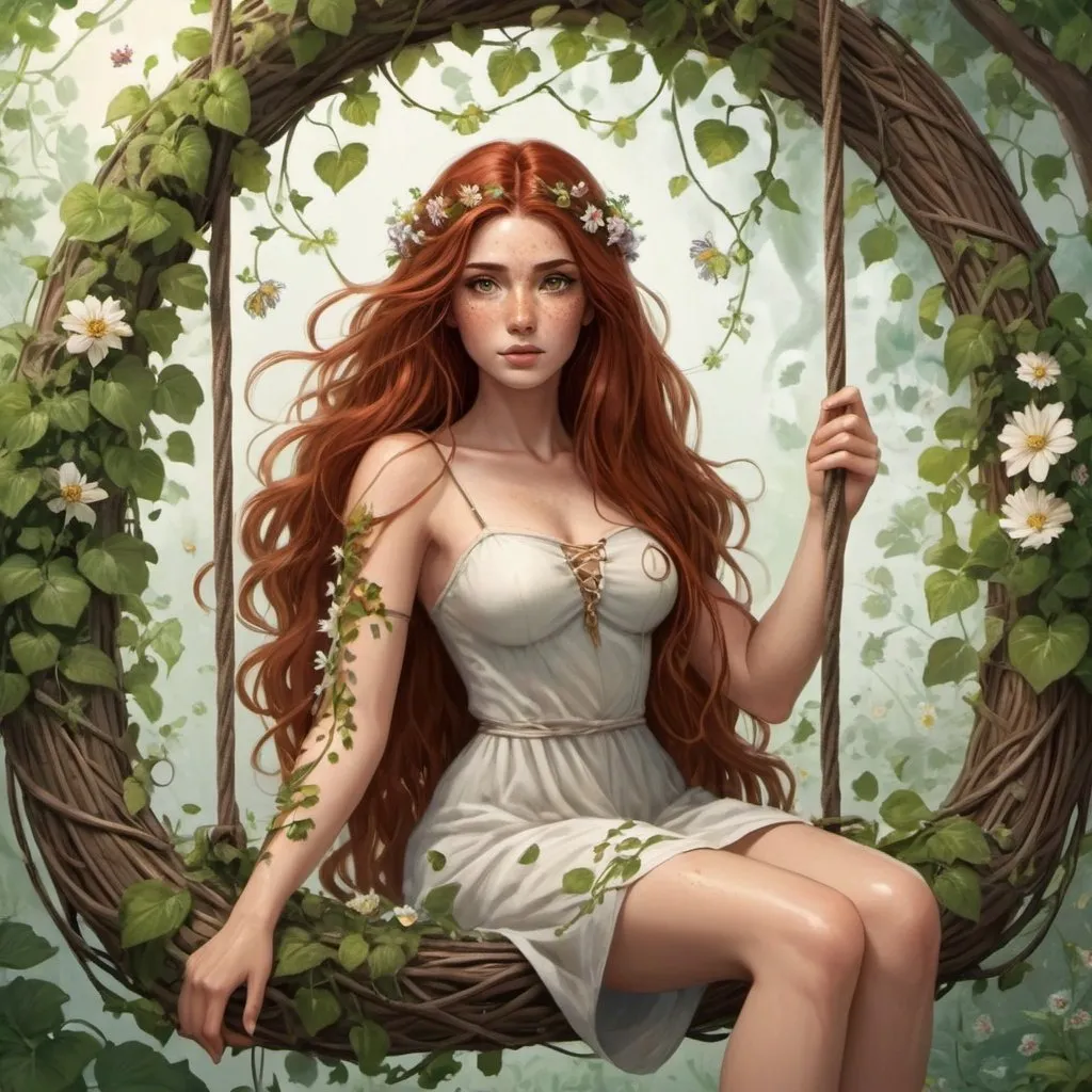 Prompt: a goddess with long auburn hair brown eyes and freckles with the power of nature vines with flowers on them crawling up her arm, sitting on a swing covered in vines and flowers