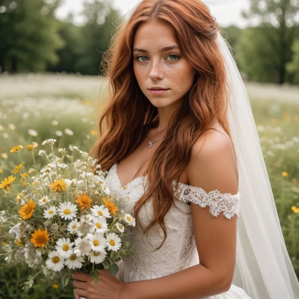 Prompt: girl with long auburn hair and brown eyes, tan skin, and freckles holding a bouquet of wildflowers wearing a white lacy pretty wedding dress in a flower garden wearing silver and light opal jewelry