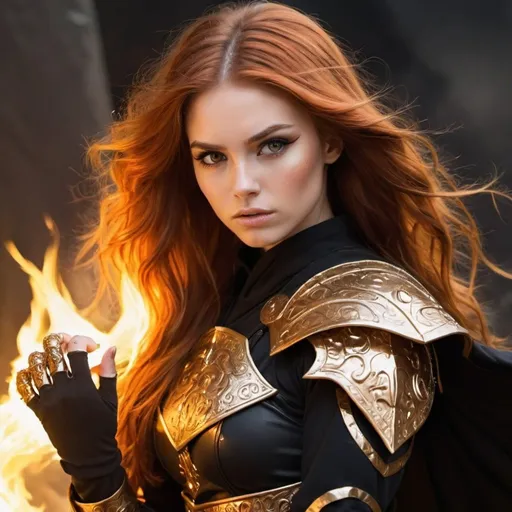 Prompt: a warrior girl with long flaming auburn hair and brown eyes dressed in a black and gold warrior outfit with a cut on her left cheekbone with fire powers coming out of her hands