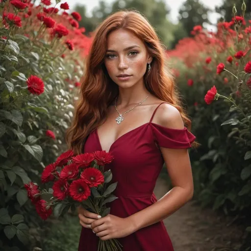Prompt: girl with long auburn hair and brown eyes, tan skin, and freckles holding a bouquet of red flowers wearing a dark red dress in a flower garden wearing silver and light red jewelry