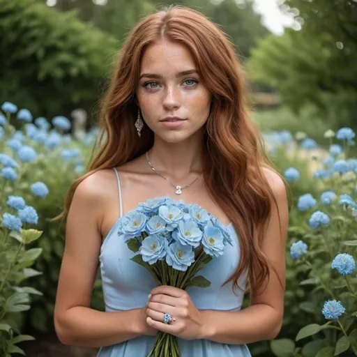 Prompt: girl with long auburn hair and brown eyes, tan skin, and freckles holding a bouquet of blue flowers wearing a light blue dress in a garden wearing silver and light blue jewelry