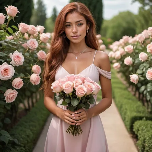 Prompt: girl with long auburn hair and brown eyes, tan skin, and freckles holding a bouquet of roses wearing a light pink dress in a rose garden wearing silver and light pink jewelry