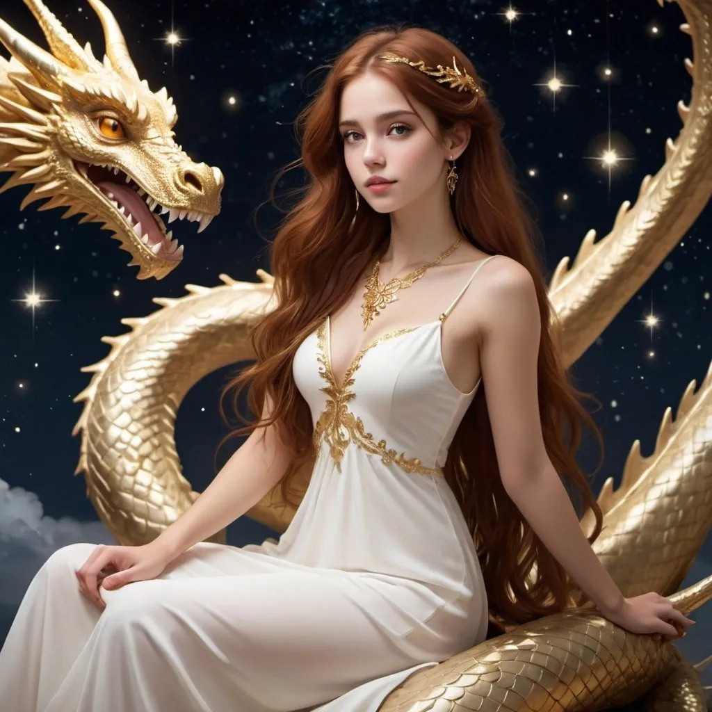 Prompt: girl with long auburn hair and brown eyes wearing a long white dress with gold jewelry sitting on a gold flying dragon in the sky at night with twinkling stars