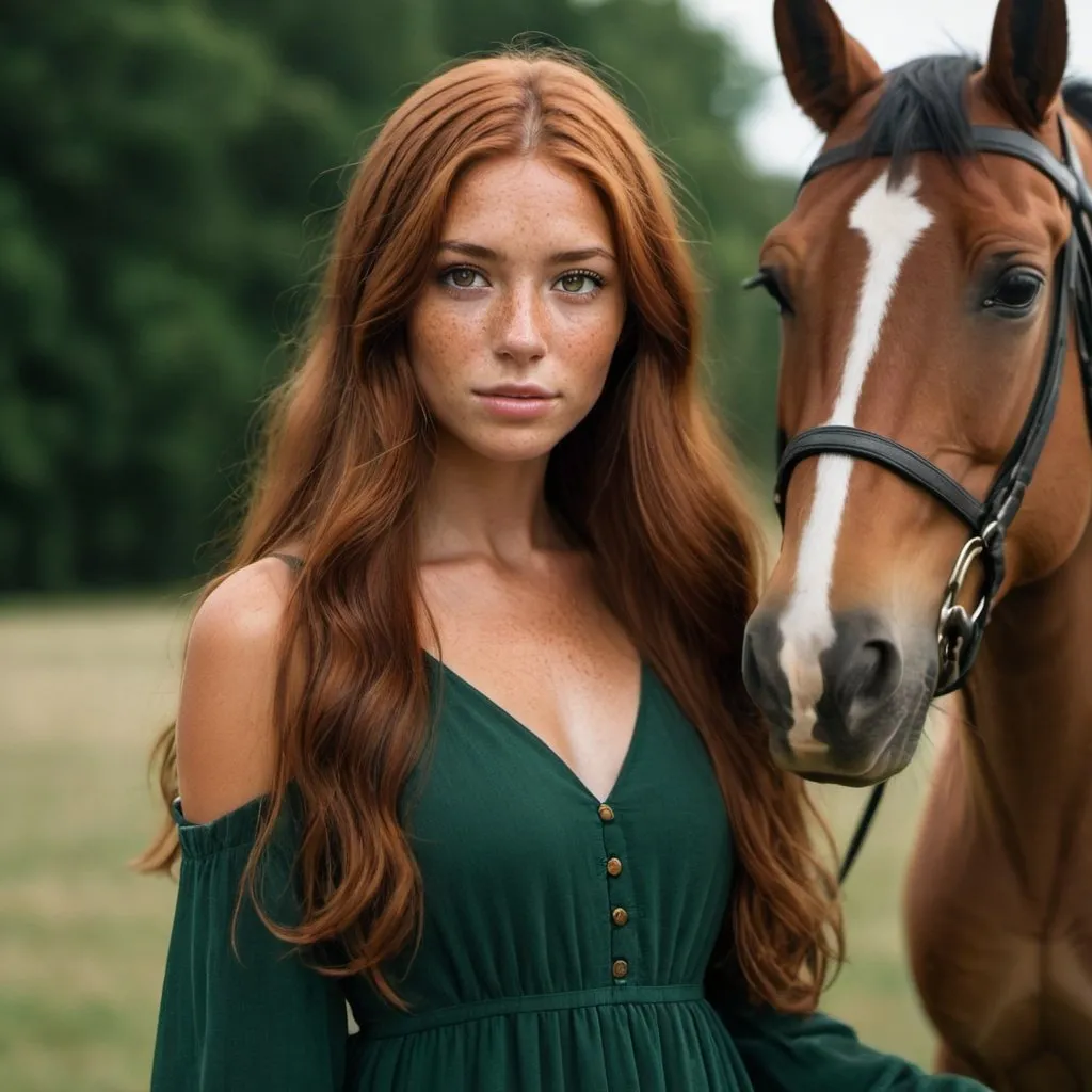 Prompt: girl with long auburn hair and brown eyes, tan skin, and freckles wearing a long dark green dress with a horse