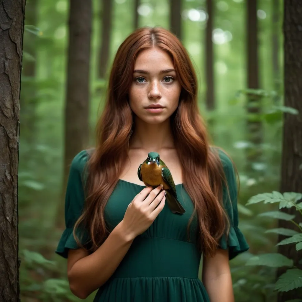 Prompt: girl with long auburn hair and brown eyes, tan skin, and freckles wearing a long dark green dress with a small bird on her finger in the forest