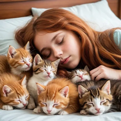 Prompt: a girl with long auburn hair sleeping on a bed with lots of cute sleeping kittens 