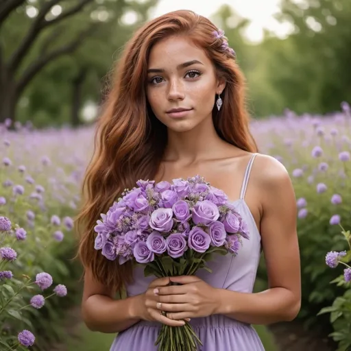 Prompt: girl with long auburn hair and brown eyes, tan skin, and freckles holding a bouquet of purple flowers wearing a light purple dress in a flower garden wearing silver and light purple jewelry